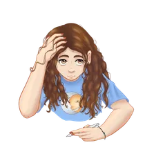 Illustrated self-portrait of Moonie, with curly brown hair and a blue t-shirt, holding a digital pen